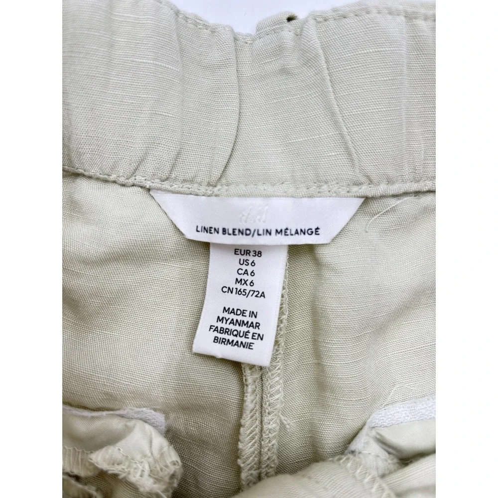 H&M Linen Blend Pleated Cropped Pants Womens US 6 Beige‎ Wide Leg Coastal
